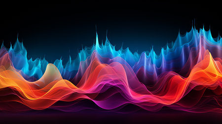 abstract fire wave background with blue, orange and red lines on blackの素材