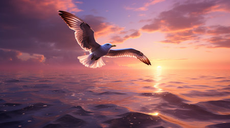 Seagull flying over the sea at sunset, 3d renderの素材