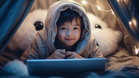 Cute asian child using laptop computer in bed at home.の素材
