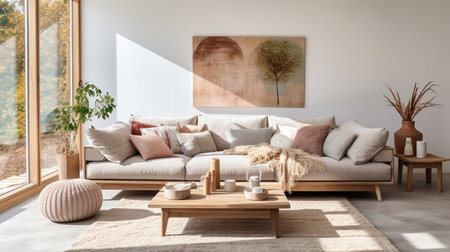 Modern living room interior design with sofa, coffee table and decoration. 3d renderの素材