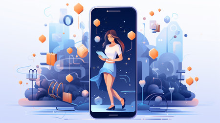 Smartphone screen mockup with young woman in blue dress walking on the city street. Vector illustrationの素材
