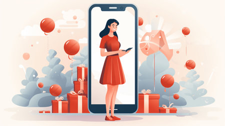 Online shopping concept. Woman with smartphone and gifts. Vector illustration.の素材