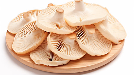 Shiitake mushrooms on a wooden plate on a white backgroundの素材