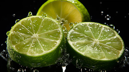 lime slices in water on a black background close-up macro photographyの素材