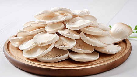 Oyster mushrooms on a round wooden plate on a white backgroundの素材