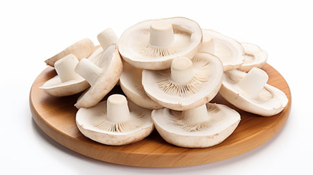 Fresh champignon mushrooms on wooden plate isolated on white background.の素材