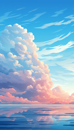 Beautiful sky with clouds reflected in the water. Vector illustration.の素材