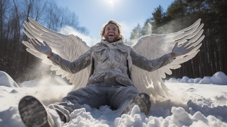 Man with angel wings on the snow in winter forest. Snow angelの素材