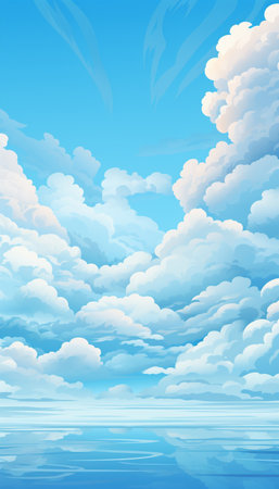 Blue sky background with white clouds and the sea. Vector illustration.の素材