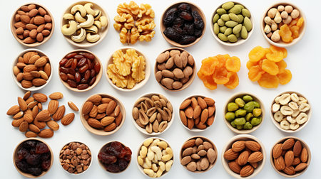 Mixed nuts and dried fruits in bowls on white background, top viewの素材