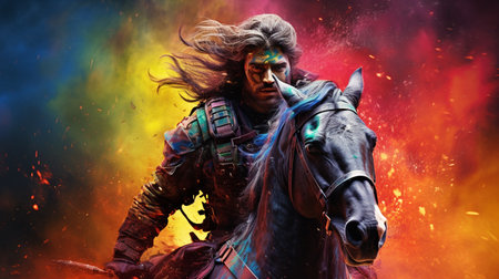 Portrait of a medieval knight in armor riding a horse on fire background.の素材