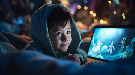 Cute little boy in a blue hoodie is watching a movie on a digital tablet.の素材