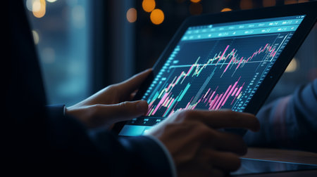 Close up of businesswoman hands using tablet computer with forex chartの素材