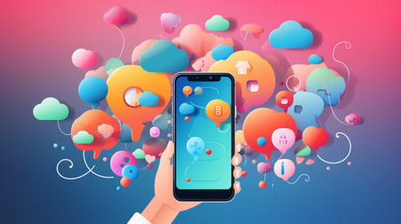 Smartphone with social media icons on colorful background. Vector illustration.の素材