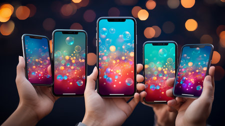 Three hands holding smartphones with colorful bokeh background. 3d renderingの素材