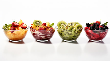 fruit salad in a glass bowl isolated on a white background with reflectionの素材