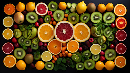 Fruits and vegetables on a black background. Healthy food concept.の素材