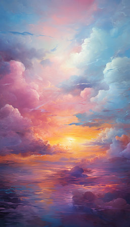 Colorful sunset over the sea. Beautiful natural background. Digital painting.の素材