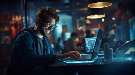 Young man working on his laptop at night in a dark office.の素材
