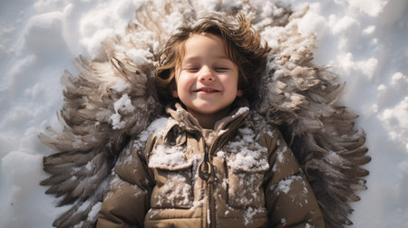 Portrait of a smiling little boy lying on the snow in winterの素材