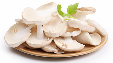 Fresh shiitake mushrooms on a plate isolated on white backgroundの素材