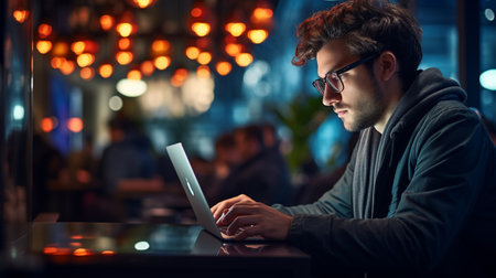 Young man using a laptop at night in a coffee shop. Side view.の素材