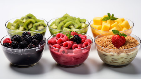 Healthy breakfast with fresh fruits and berries in glass bowls on white backgroundの素材