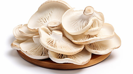 Oyster mushrooms on a wooden plate isolated on white background.の素材