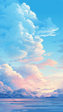 Beautiful seascape with blue sky and clouds. Vector illustration.の素材