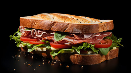 sandwich with ham, cheese, tomato and lettuce on black backgroundの素材