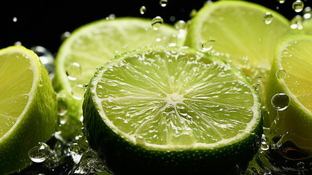 Fresh lime slices with water drops on black background. Close up.の素材