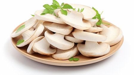 Shiitake mushrooms with parsley on plate isolated on white backgroundの素材