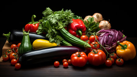 Variety of fresh vegetables on a wooden table. Black background.の素材