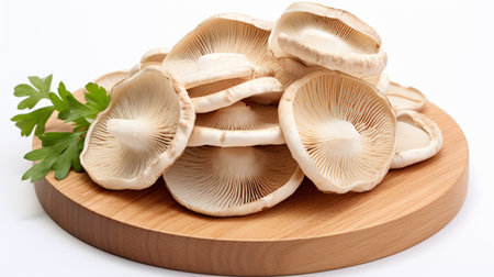 Shiitake mushrooms on a round wooden board with parsleyの素材