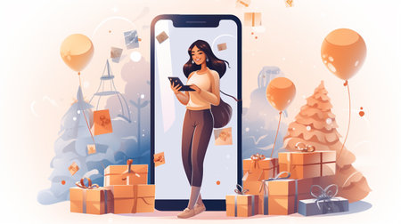 Online shopping, e-commerce, delivery service concept. Happy woman with shopping bags and gifts using smartphone. Vector illustration in cartoon styleの素材