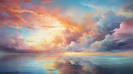 Beautiful sunset over the sea with clouds and sky reflected in waterの素材