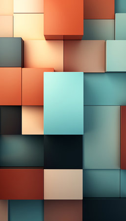 3d illustration of abstract geometric background with blue and orange squares.の素材