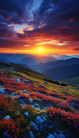 Majestic sunset in the mountains landscape. Carpathian, Ukraine, Europe. Beauty world.の素材