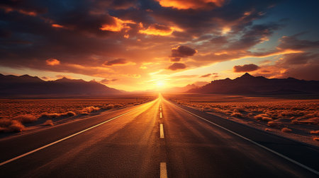Road in the desert with dramatic sunset sky. 3d rendering.の素材