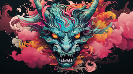 Vector illustration of a horned dragon with colorful smoke on black backgroundの素材