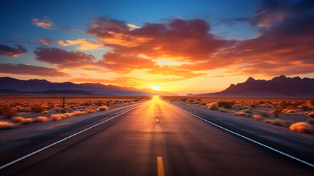 Road in the desert at sunset, Nevada, United States of Americaの素材