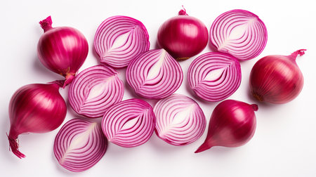 Sliced red onion isolated on white background. Top view.の素材