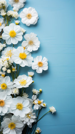 White daisies on blue wooden background. Top view with copy spaceの素材