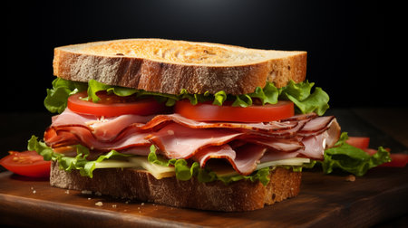 Sandwich with ham, tomato and lettuce on a wooden board.の素材