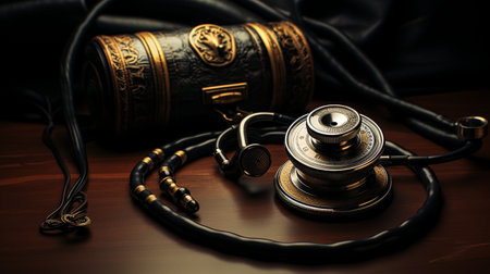Antique stethoscope and old book on a wooden table.の素材