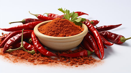 Chilli powder in a wooden bowl with chili peppers on white backgroundの素材