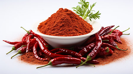 chilli powder in white bowl with red chilli on white backgroundの素材