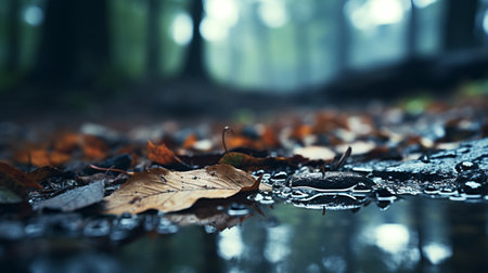 Fallen leaves in a puddle in the forest. Selective focus.の素材