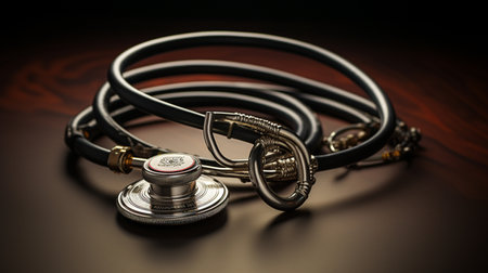 Stethoscope on a dark background. Close-up, selective focus.の素材