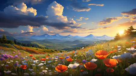 Beautiful spring meadow with poppies and mountains at sunsetの素材